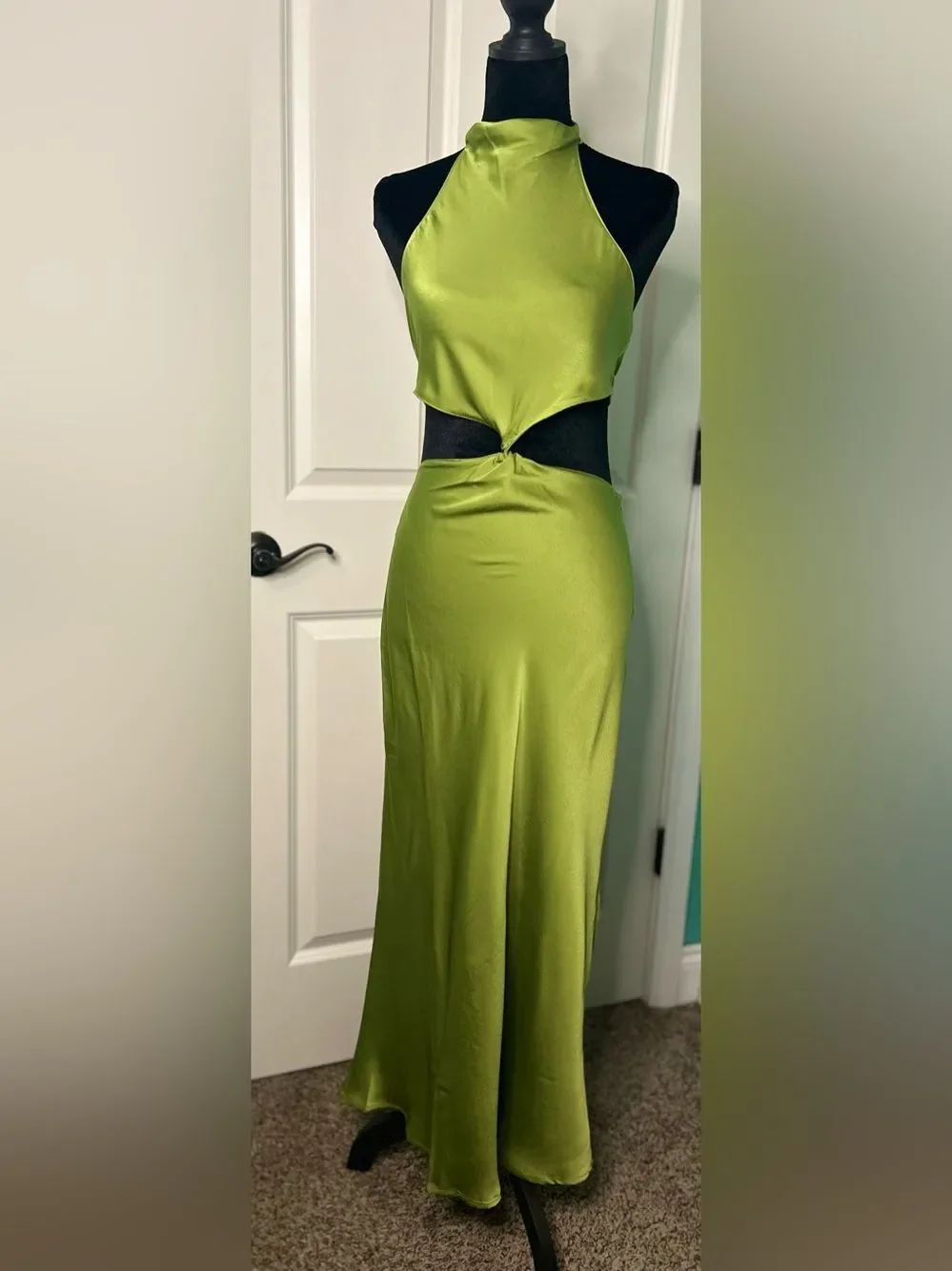 Edit by Nine Satin Halter Cutout Twist Front Maxi Dress Green - Picture 12 of 14